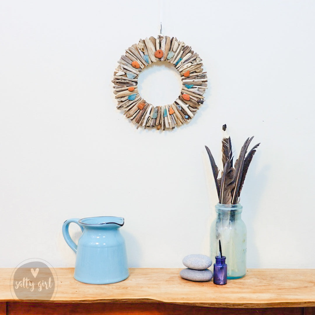 Driftwood Wreath with Maine Beach Brick & Aqua Sea Glass Accents - Sizes 12" - 16" - 20”