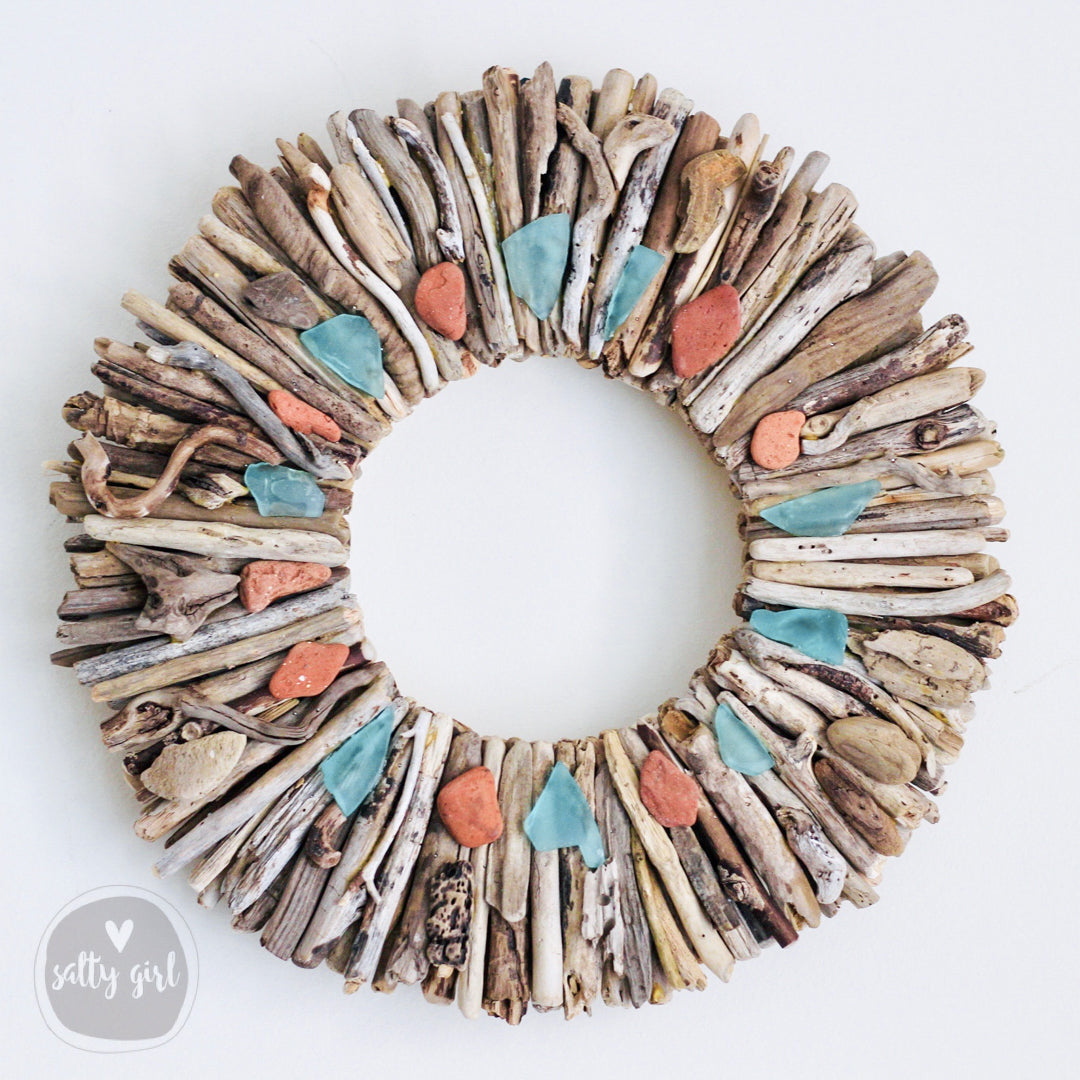 Driftwood Wreath with Maine Beach Brick & Aqua Sea Glass Accents - Sizes 12" - 16" - 20”