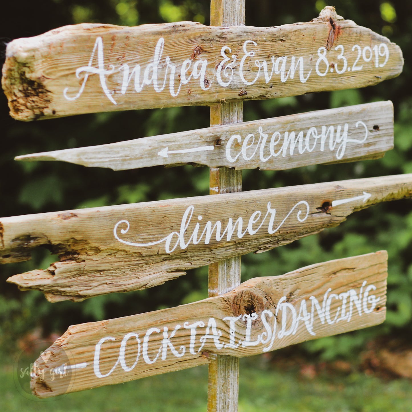 Custom Driftwood Wedding & Event Signs with Hand Painted Graphics on Post - 3 -8 Signs - Personalized Stacked Driftwood Signs for Weddings & Events