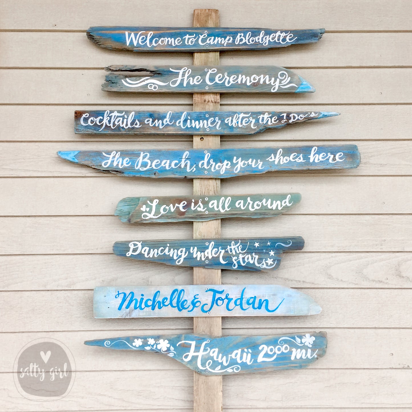 Custom Driftwood Wedding & Event Signs with Hand Painted Graphics on Post - 3 -8 Signs - Personalized Stacked Driftwood Signs for Weddings & Events