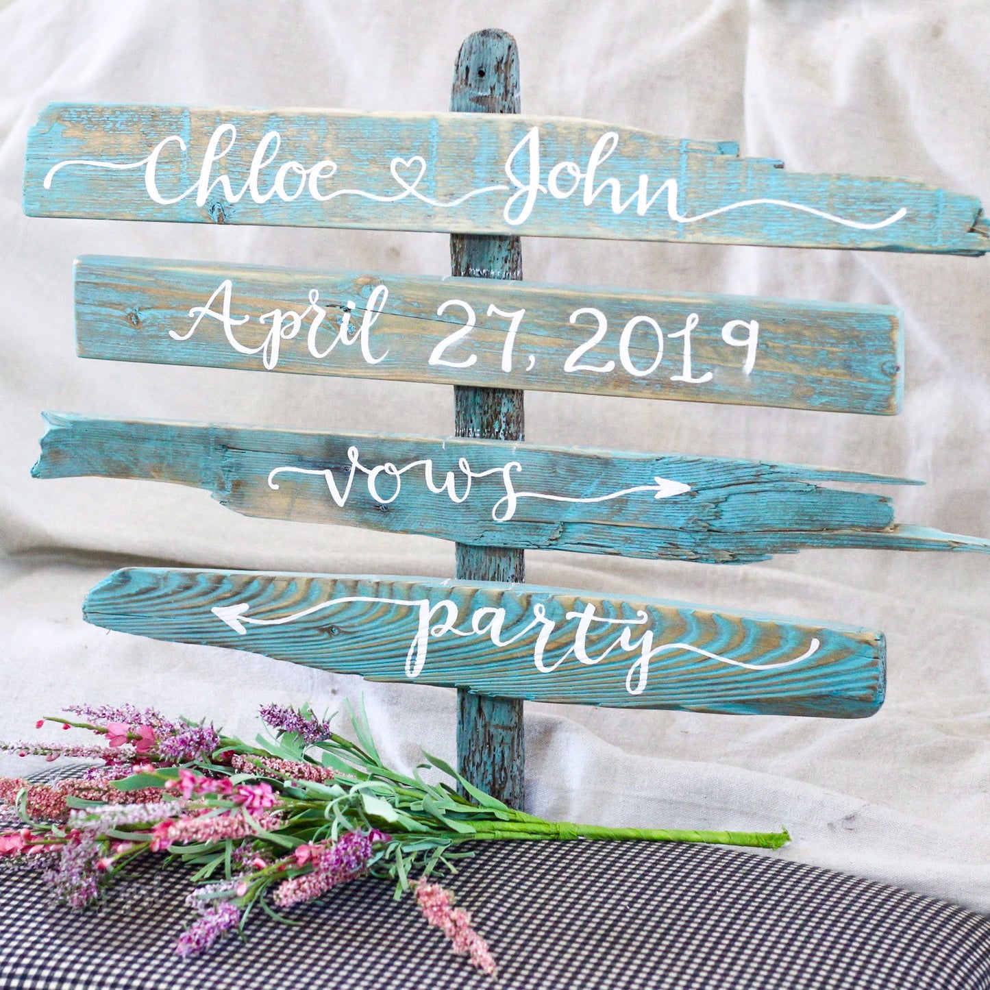 Custom Stacked Directional Wedding Signs on Post