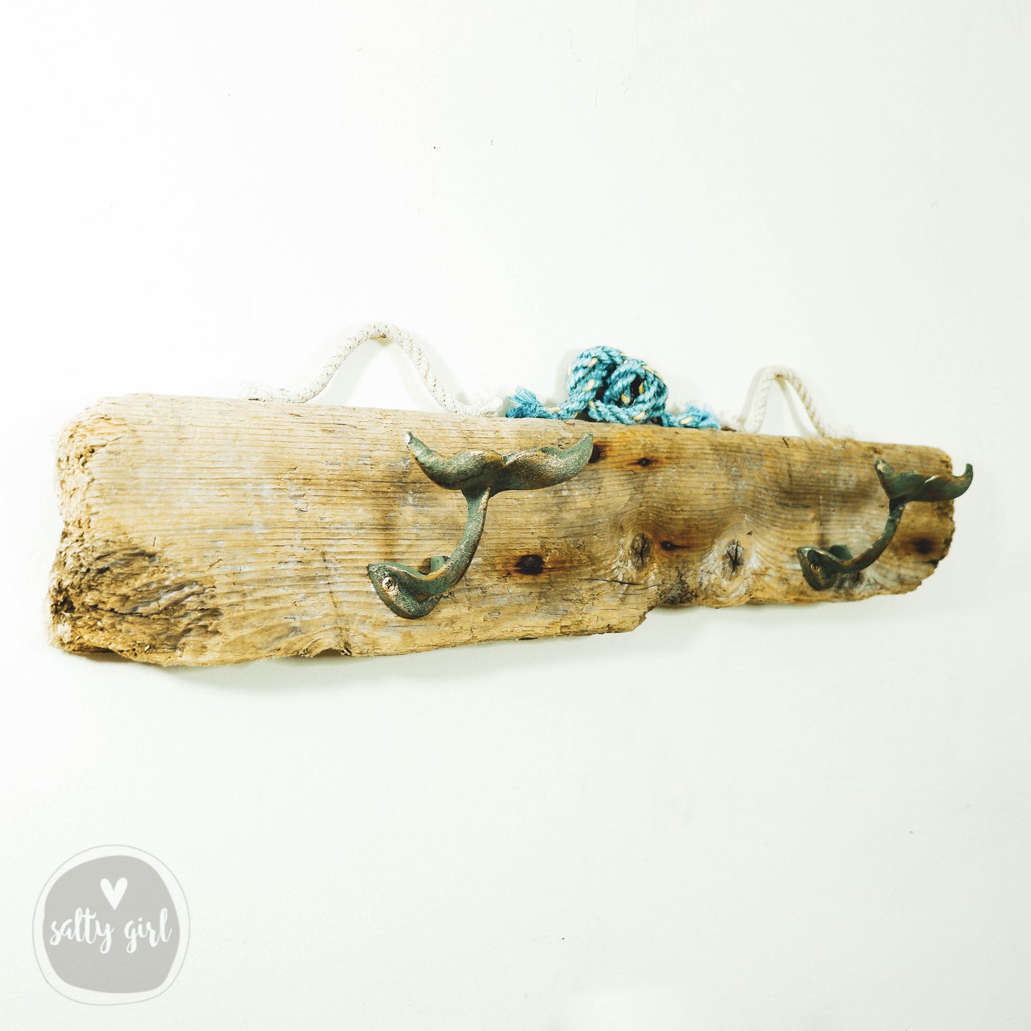 Driftwood Wall Rack with Iron Whale Tail Hooks