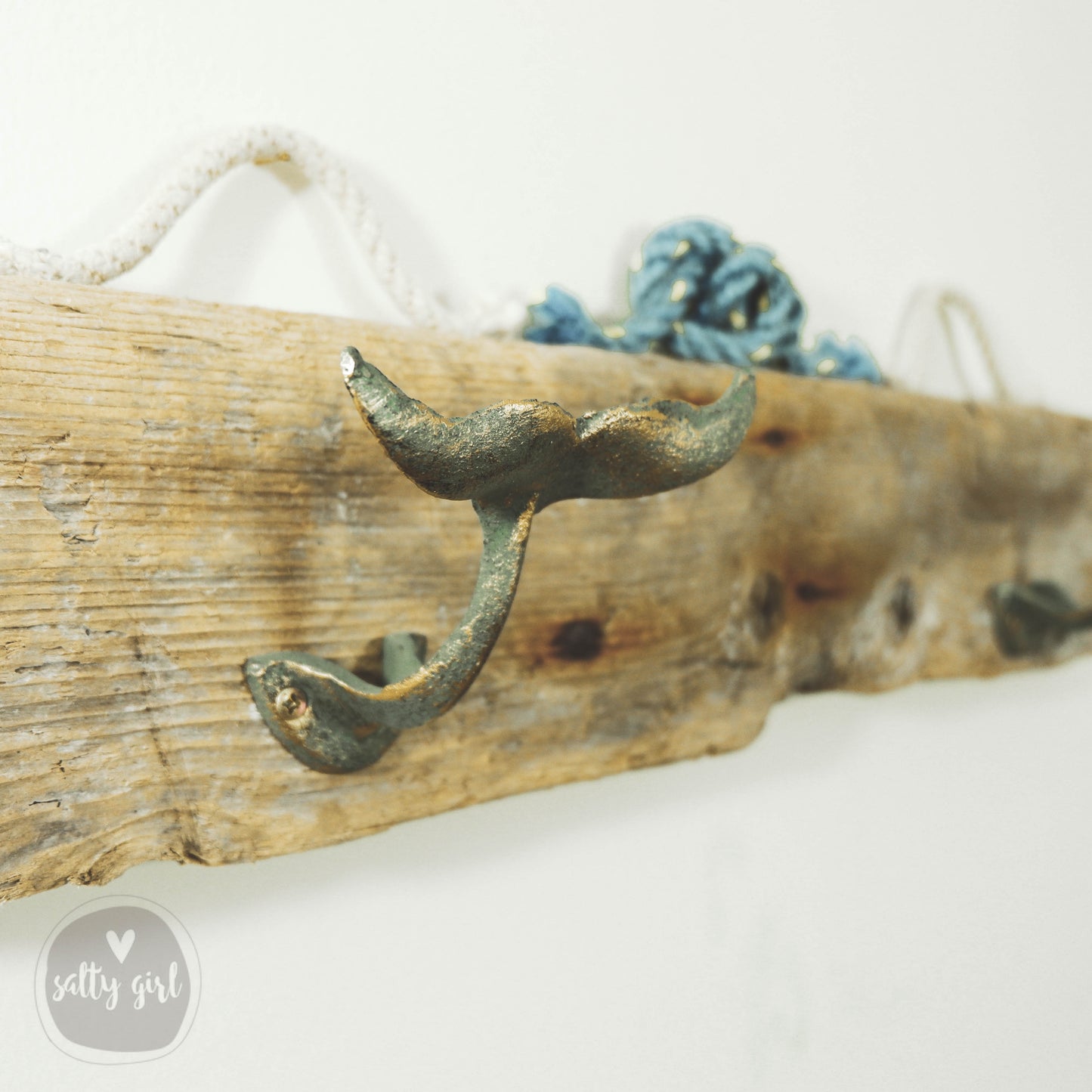 Driftwood Wall Rack with Iron Whale Tail Hooks