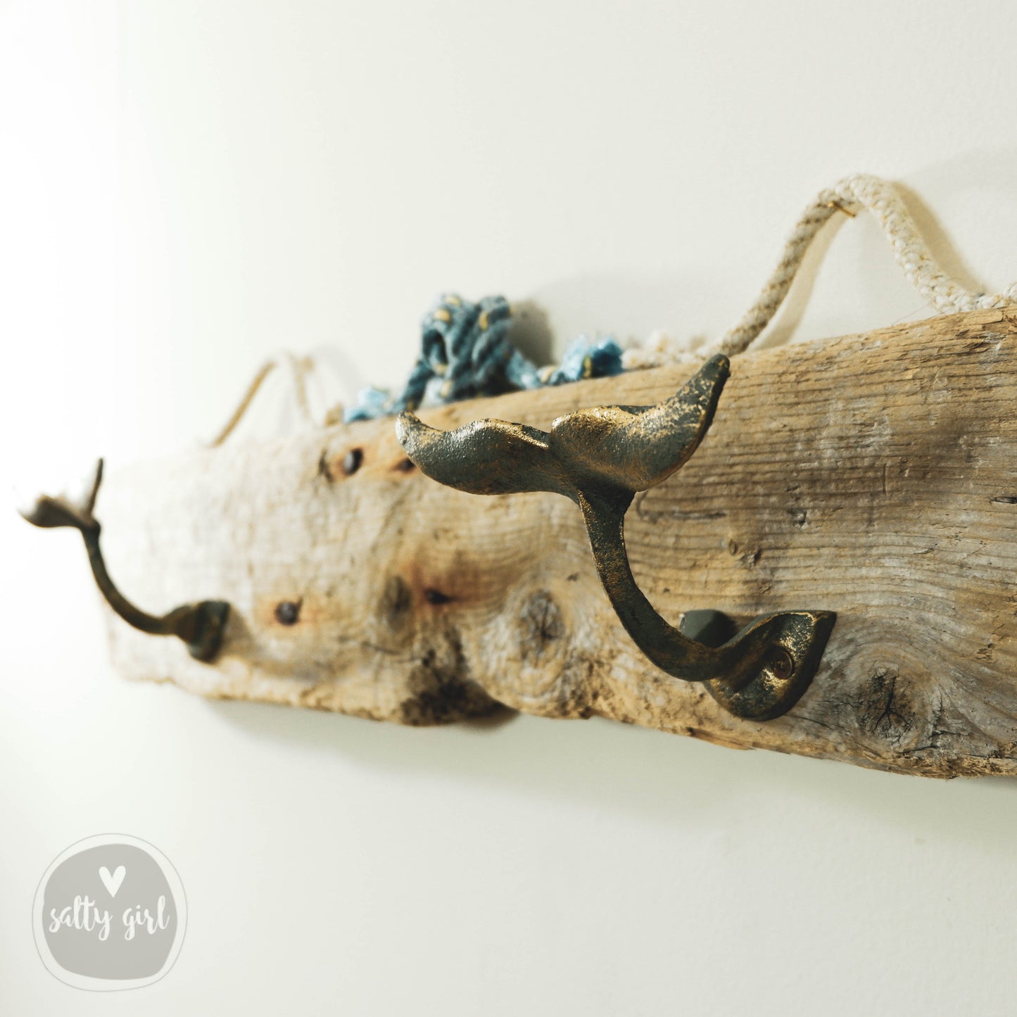 Driftwood Wall Rack with Iron Whale Tail Hooks