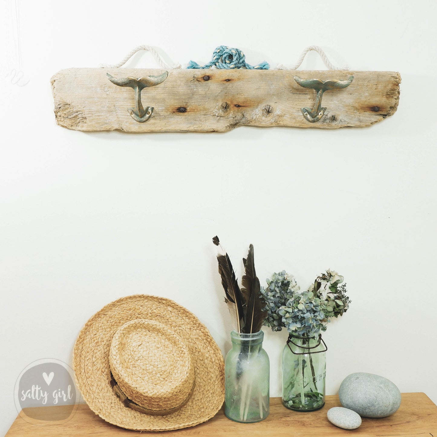 Driftwood Wall Rack with Iron Whale Tail Hooks