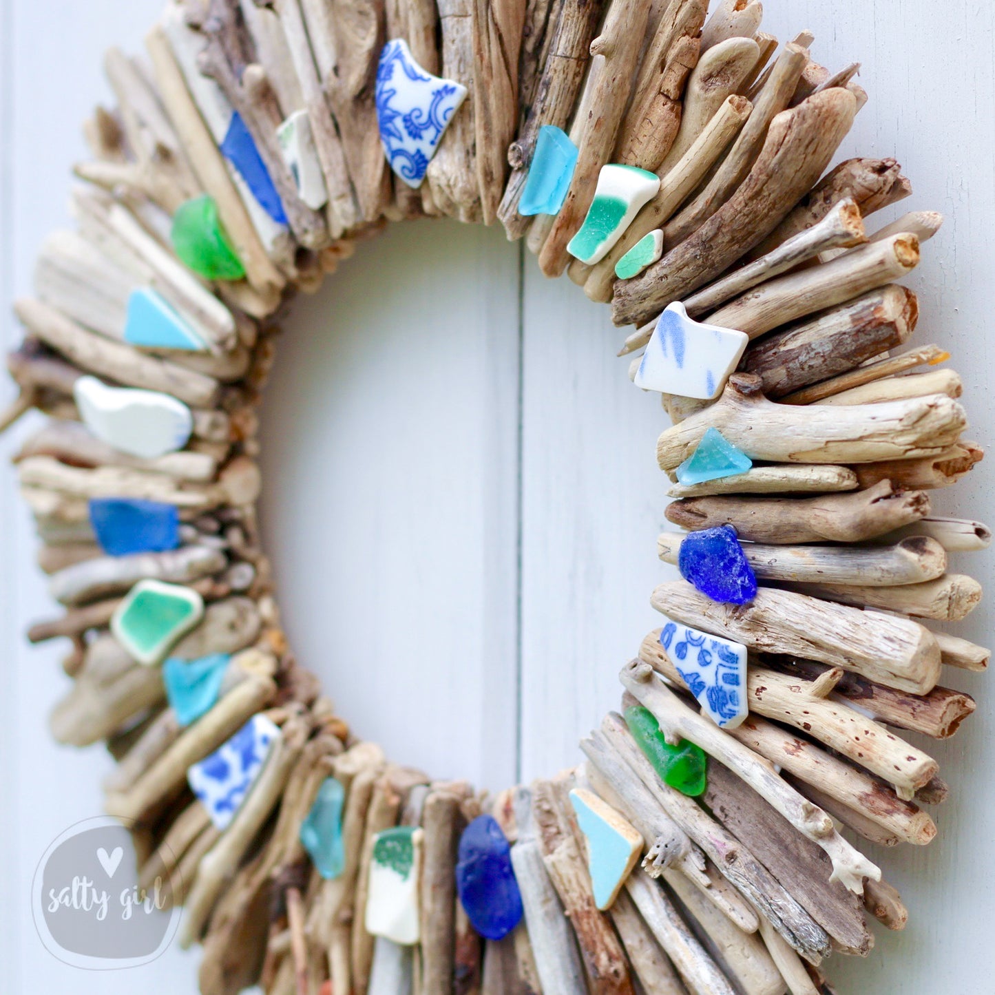 Driftwood Wreath - Boho Style with Beach Pottery and Sea Glass Accents - Sizes 12" - 16" - 20”