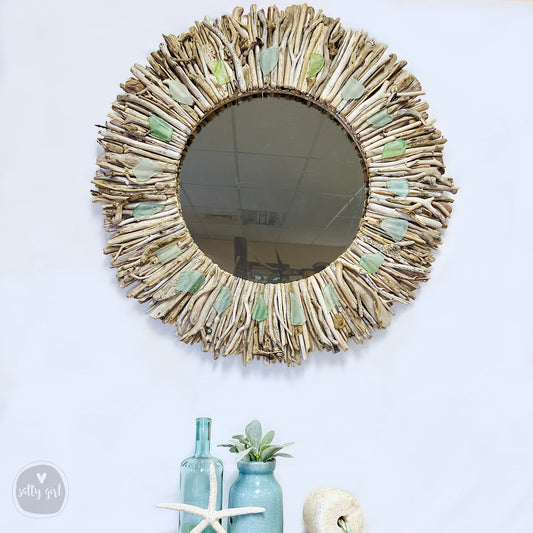 Driftwood Mirror 24-36" Wall Decor by Maine Artist Cherie Herne
