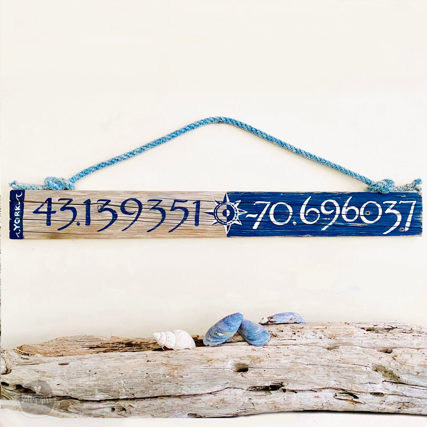 Custom Driftwood Longitude & Latitude Sign - Wooden Coordinates Sign with Graphics - Personalized Location Sign with Rope Hanger