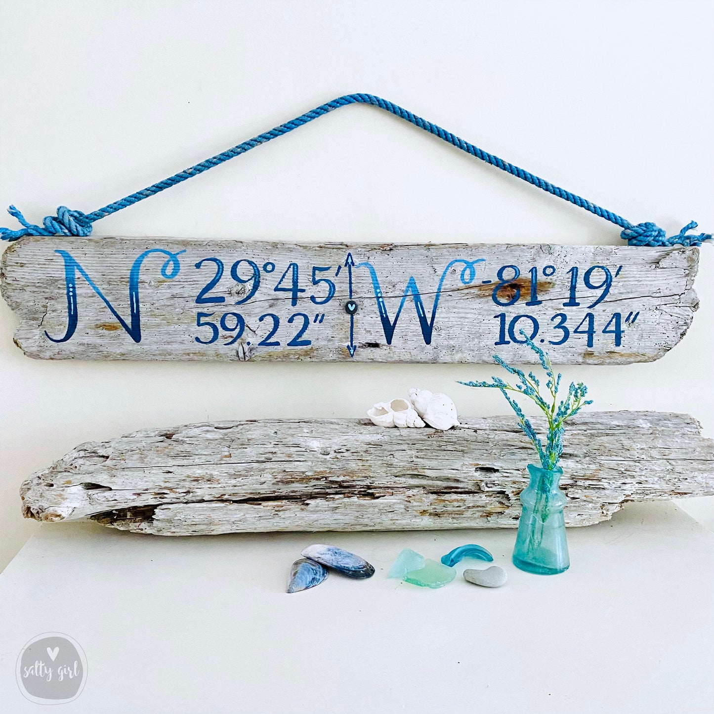 Custom Longitude & Latitude Driftwood Sign - Personalized Coordinates Sign  with Fishing Rope Hanger - Hand Painted Location Sign