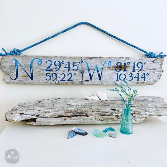 Custom Longitude & Latitude Driftwood Sign - Personalized Coordinates Sign with Fishing Rope Hanger - Hand Painted Location Sign