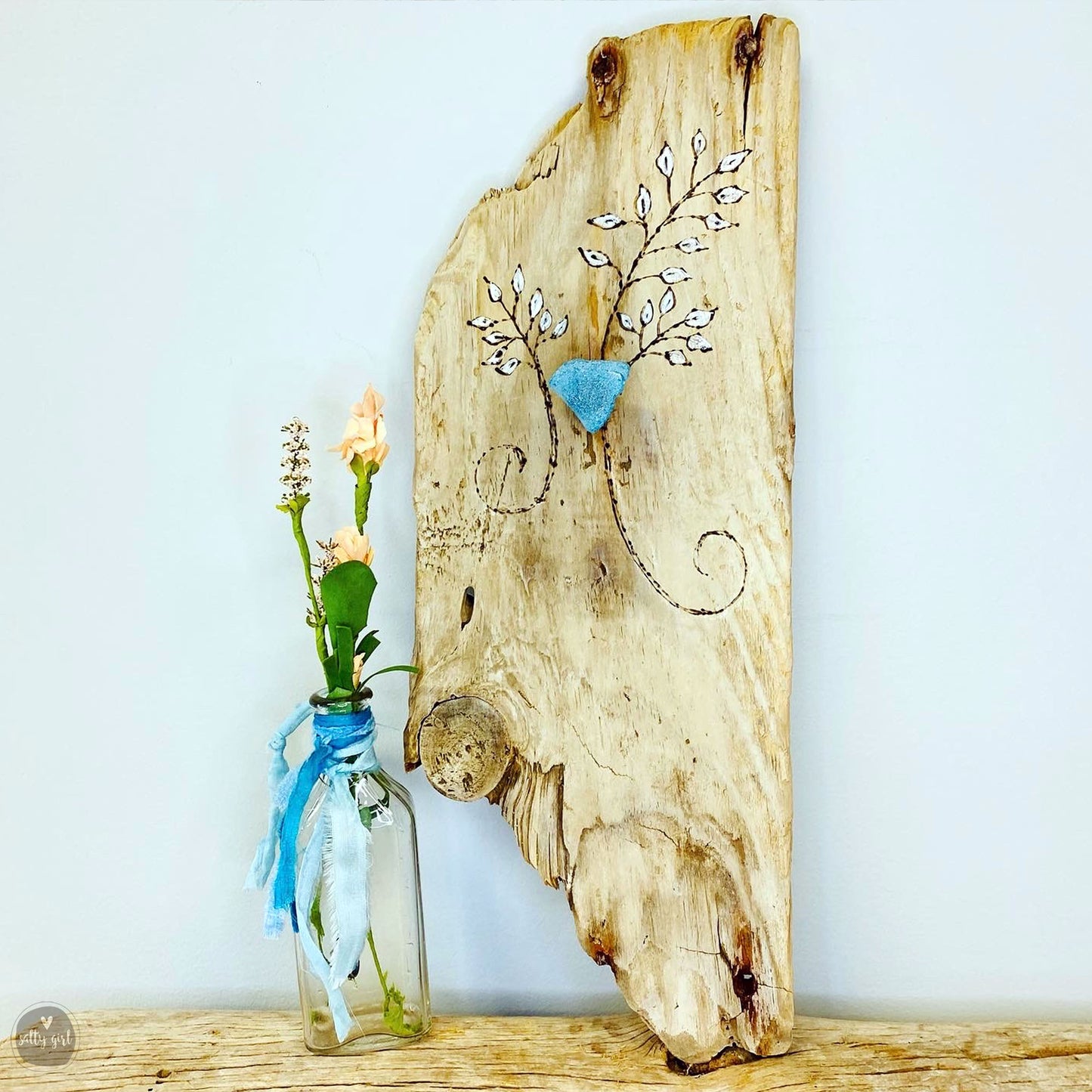 Driftwood Hanging Wall Vase with Antique Bottle and Sea Glass or Beach Stone Knob