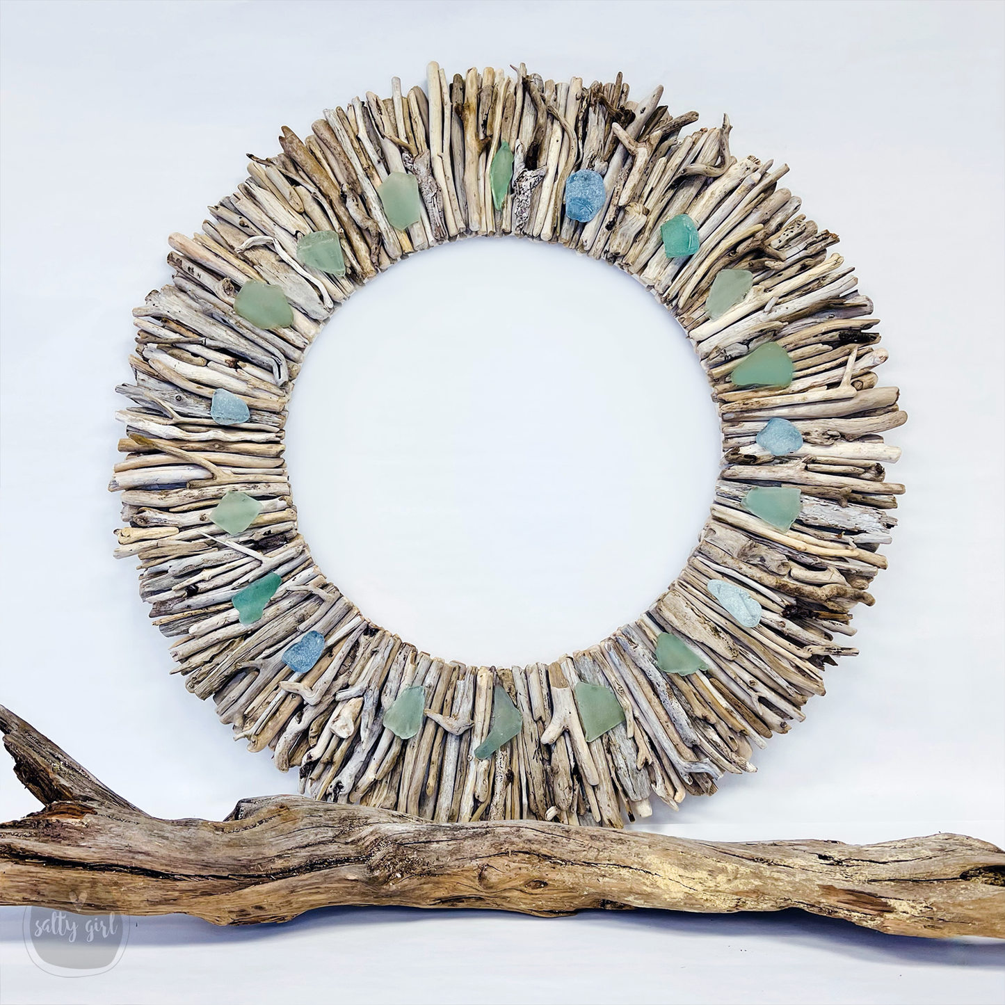 Maine Sun Bleached Driftwood Wreath with Subtle Blue & Green Sea Glass Accents - Sizes: 20" or 24"