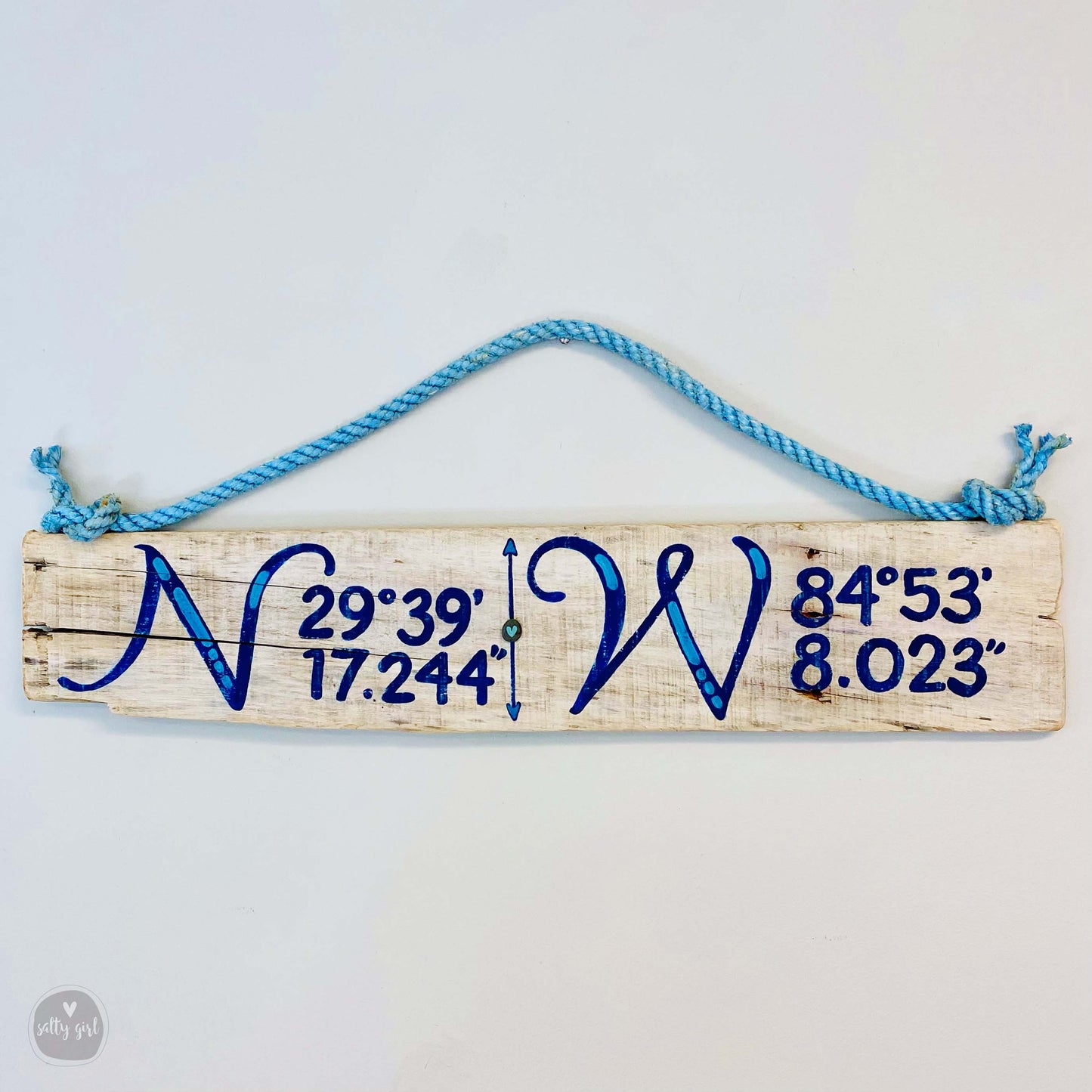 Custom Longitude & Latitude Driftwood Sign - Personalized Coordinates Sign with Fishing Rope Hanger - Hand Painted Location Sign