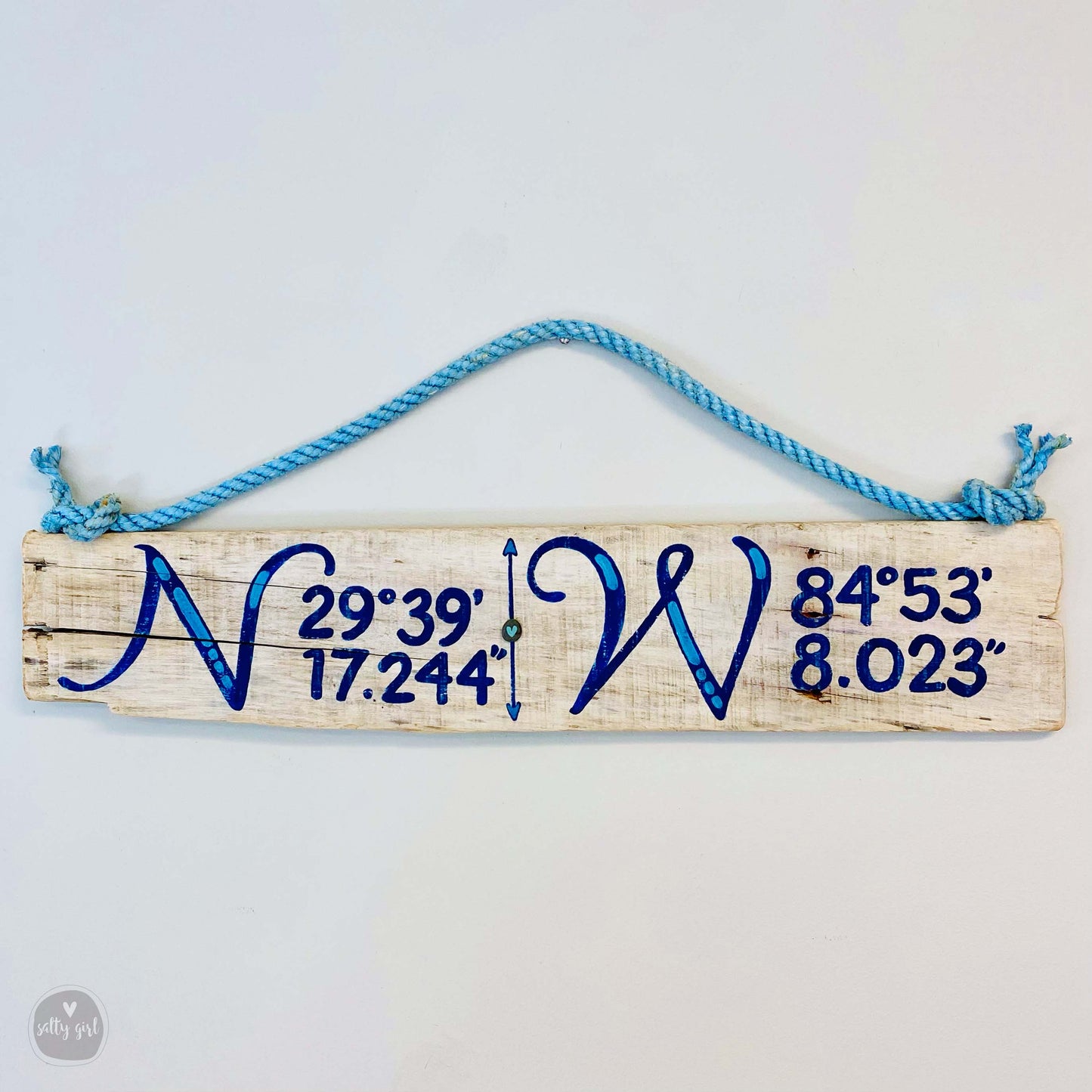 Custom Longitude & Latitude Driftwood Sign - Personalized Coordinates Sign  with Fishing Rope Hanger - Hand Painted Location Sign