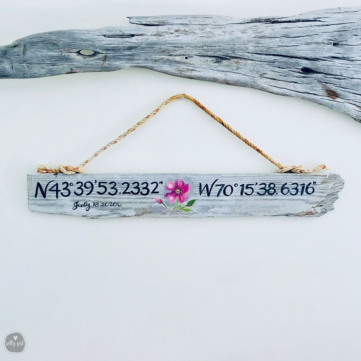 Custom Driftwood Longitude & Latitude Sign - Wooden Coordinates Sign with Graphics - Personalized Location Sign with Rope Hanger