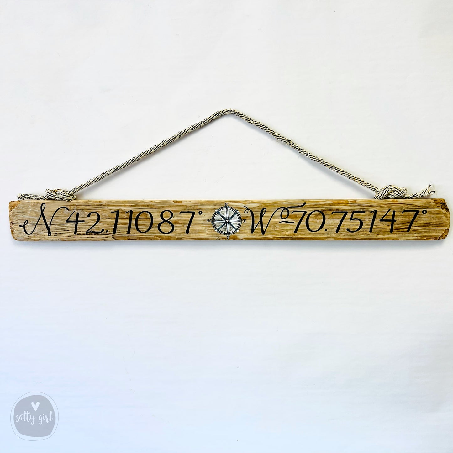 Custom Driftwood Longitude & Latitude Sign - Wooden Coordinates Sign with Graphics - Personalized Location Sign with Rope Hanger