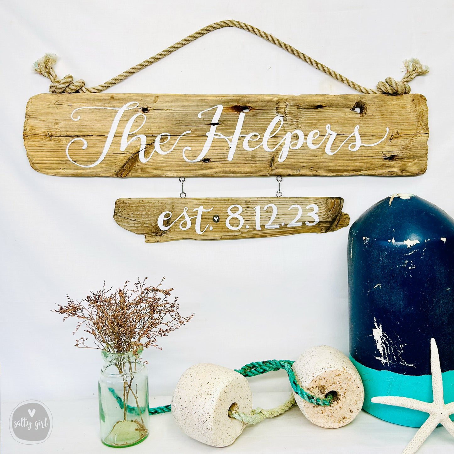 Custom Double Driftwood Sign - Personalized Established House Sign with Fishing Rope Hanger - Coastal Themed House Sign