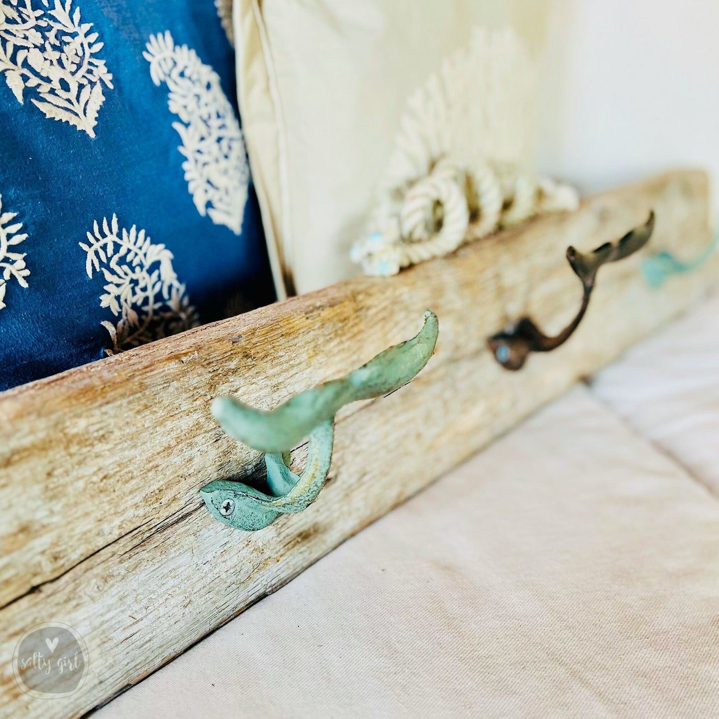 Whale Tail Driftwood Wall Rack 30-36" with Fishing Rope Hanger - Beach House Coat Hook - Maine Gift