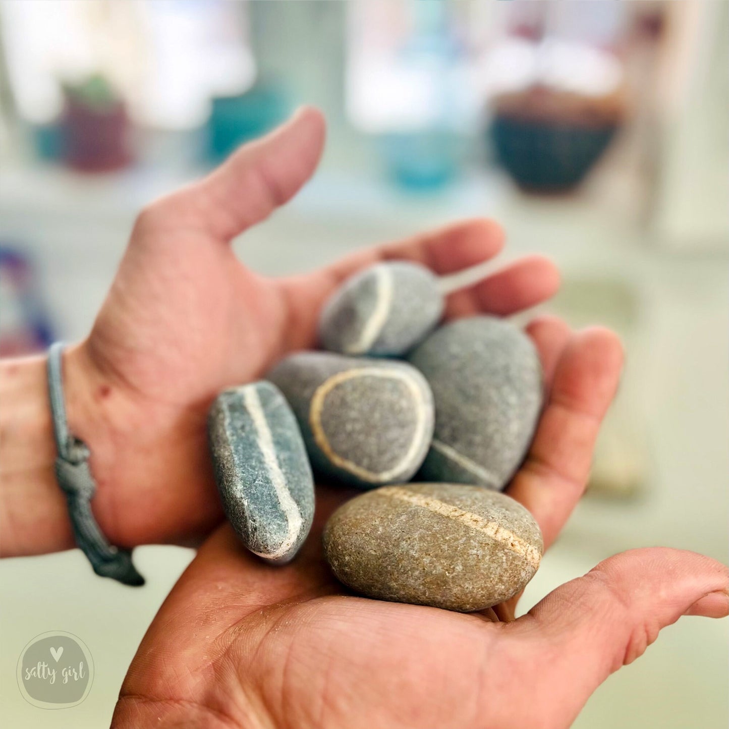 Lucky Wish Stones - 10 Maine Beach Stones with Single White Ring 2-2.5"