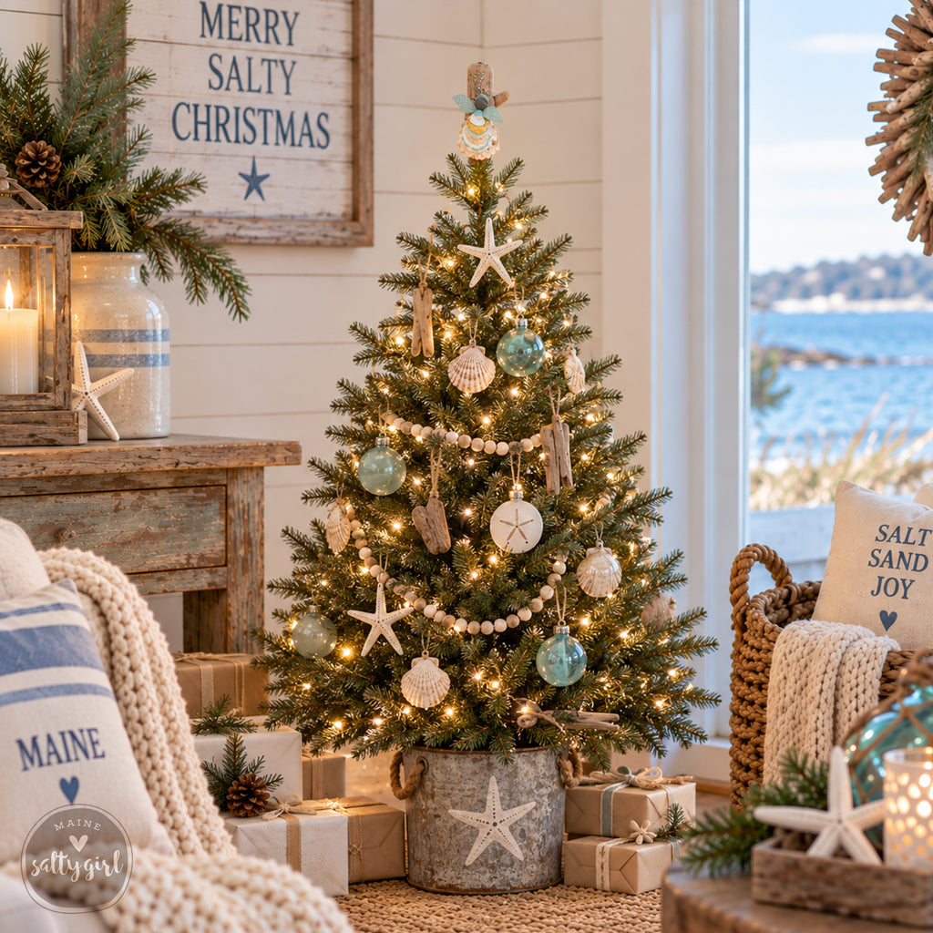 A beautifully decorated Christmas tree with twinkling lights, ornaments, and a star-shaped ornament stands in a metal pot, surrounded by holiday decor and gifts. The tree is placed in a room with a window overlooking a scenic view of the ocean.