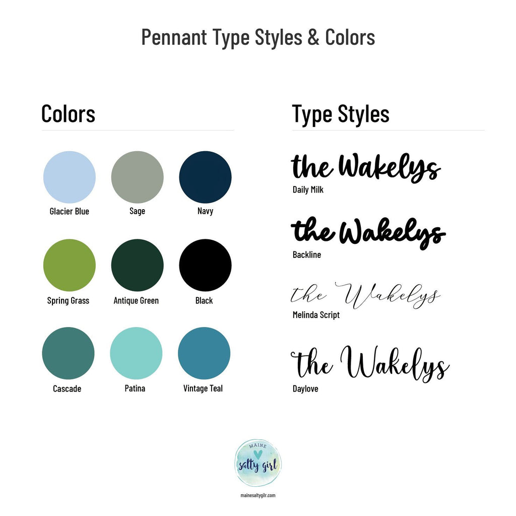 a collection of color swatches and type styles for pendant designs.