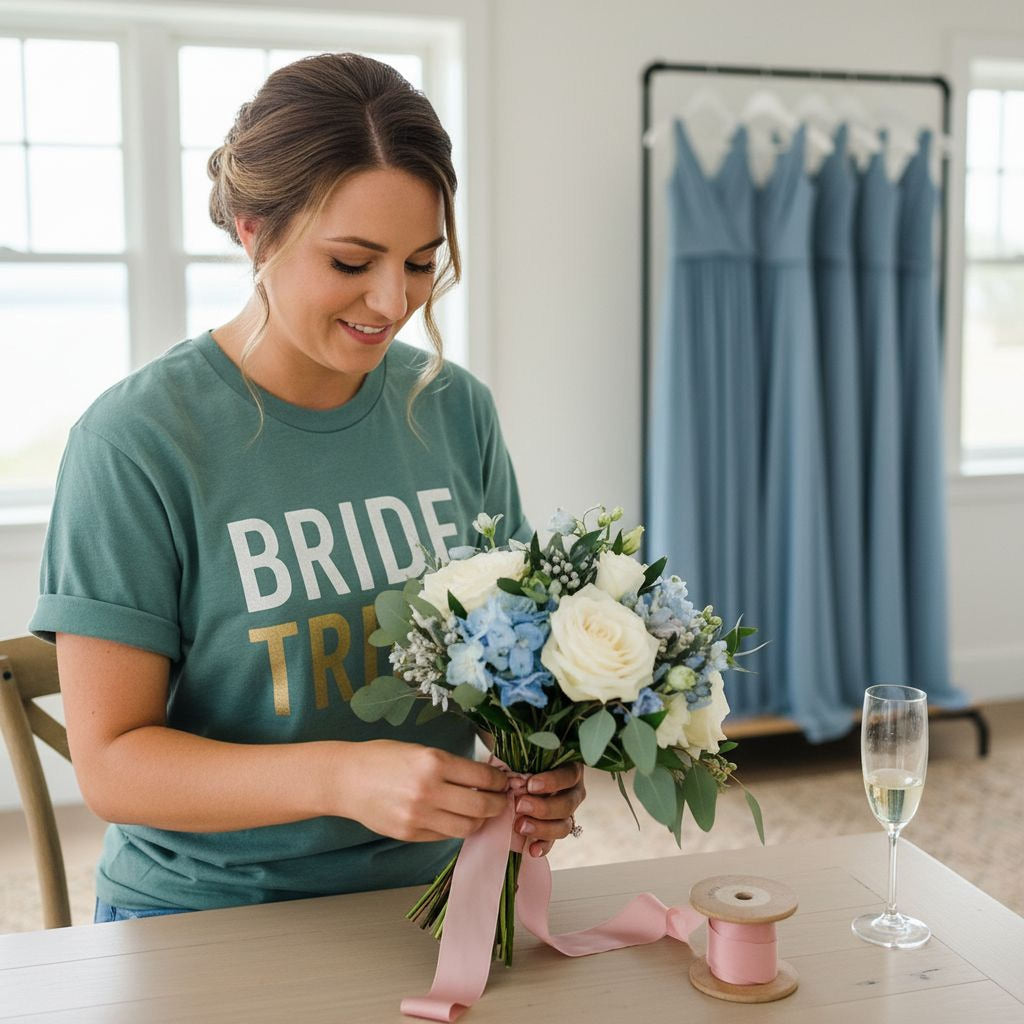 A woman in a green t-shirt is arranging a bouquet of white and blue flowers on a table, with a glass of champagne and a pink ribbon nearby.