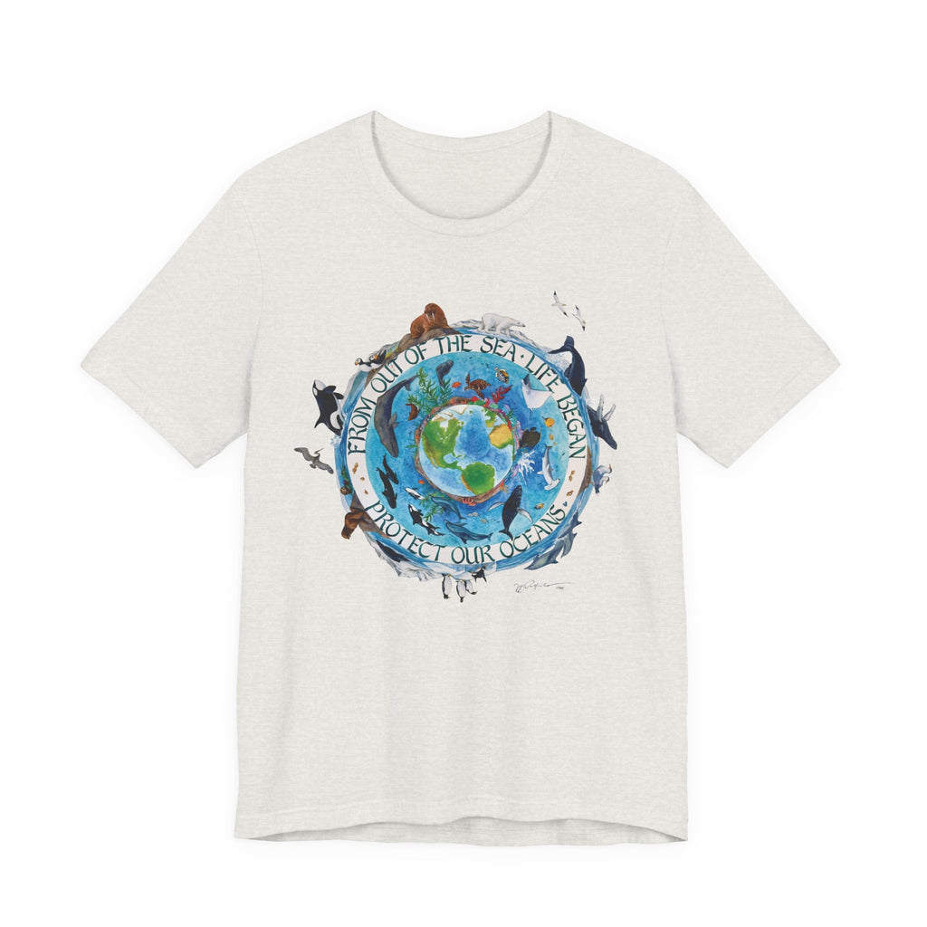 A white Maine Salty Girl t-shirt with a graphic design depicting a globe surrounded by various marine life and text that reads "From the sea to the land, protect our oceans".
