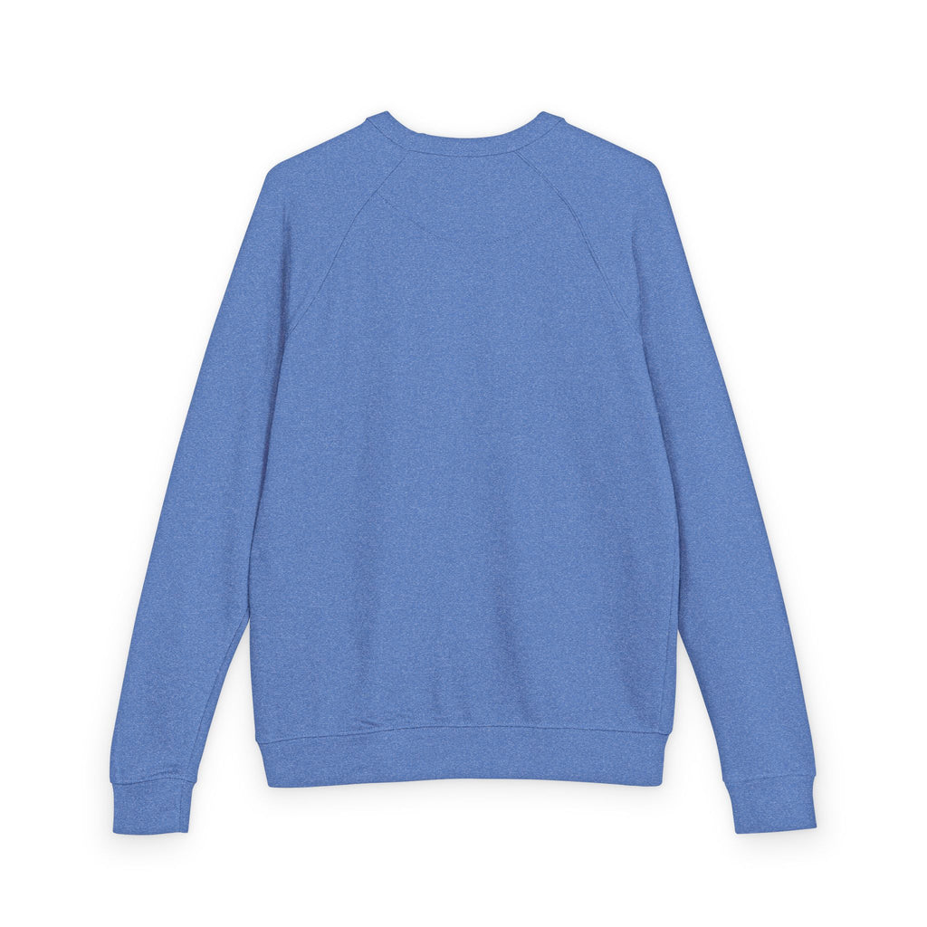 A backside view of a plain blue Maine Salty Girl sweatshirt with long sleeves.