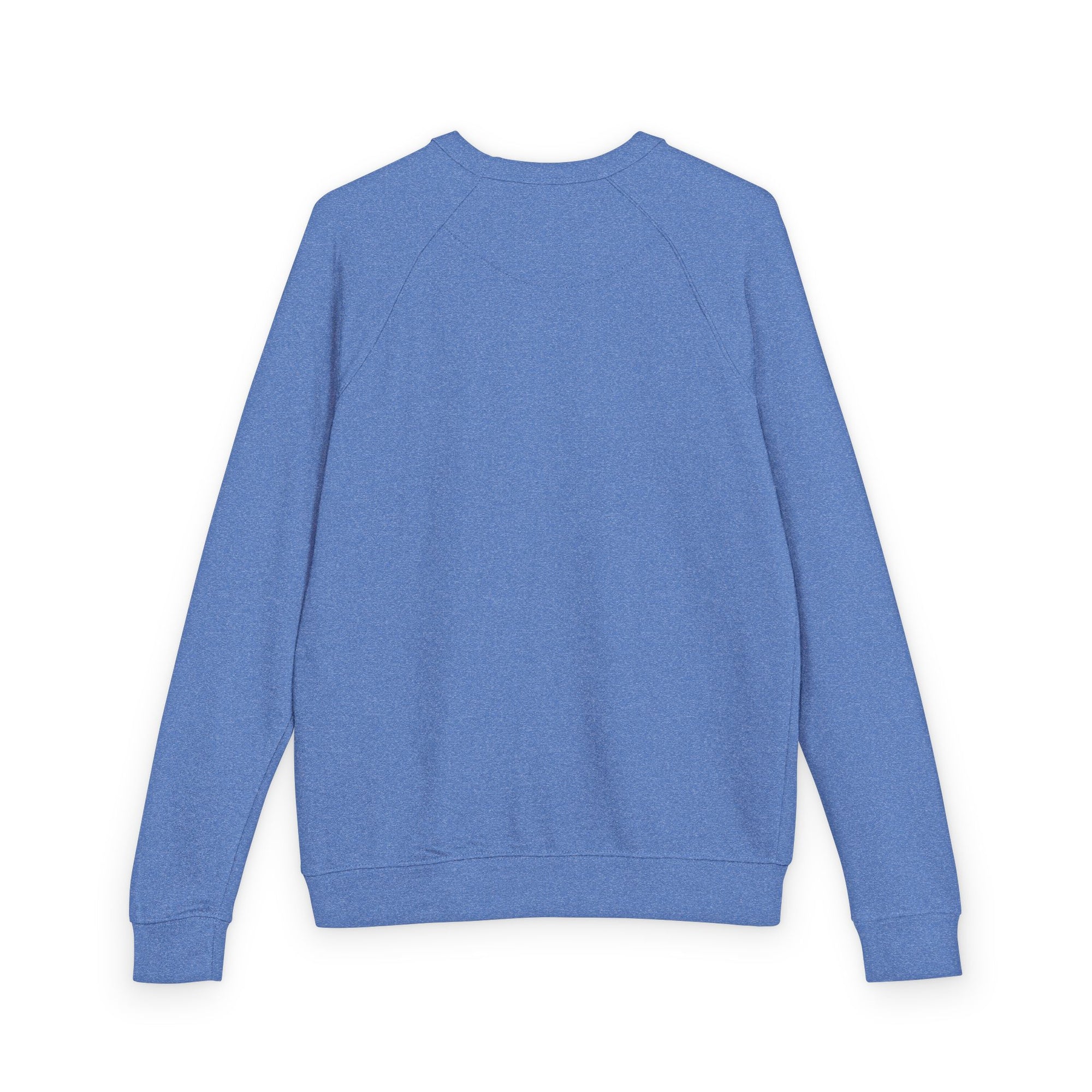 A backside view of a plain blue Maine Salty Girl sweatshirt with long sleeves.