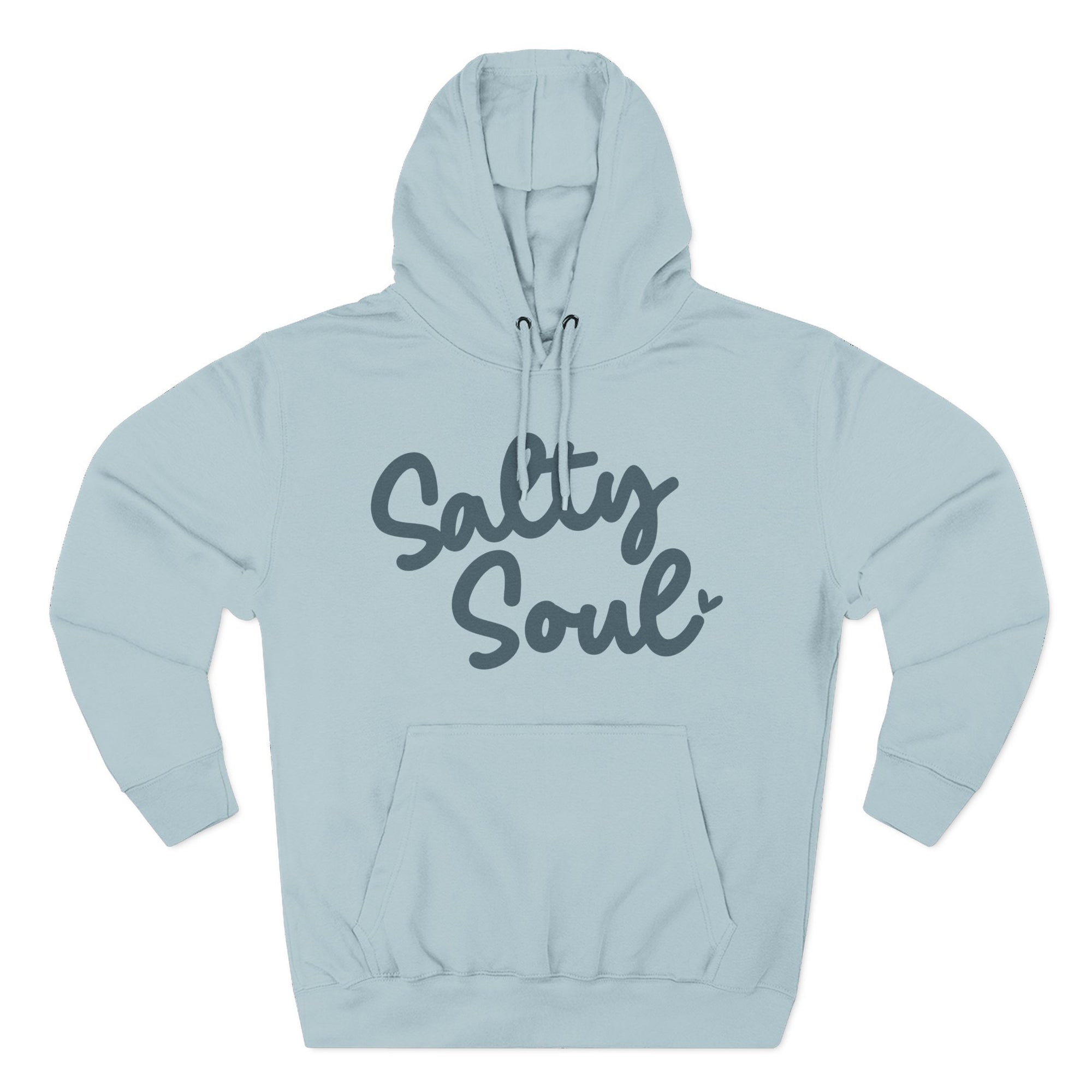 A light blue Maine Salty Girl hoodie with the text "Salty Soul" printed on it.