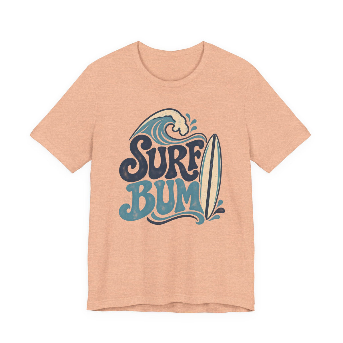 A peach-colored t-shirt with a graphic design featuring the text "Surf Bum" and a surfboard.