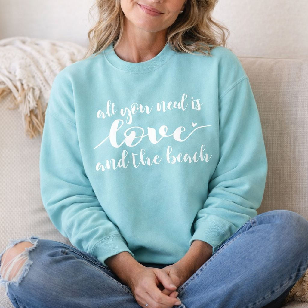 All you Need is Love and the beach Sweatshirt in a chalky mint color from Maine Salty Girl