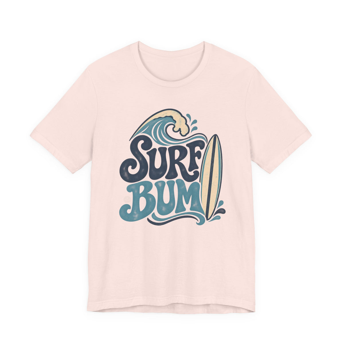A pink t-shirt with a graphic design featuring the text "Surf Bum" and a surfboard.