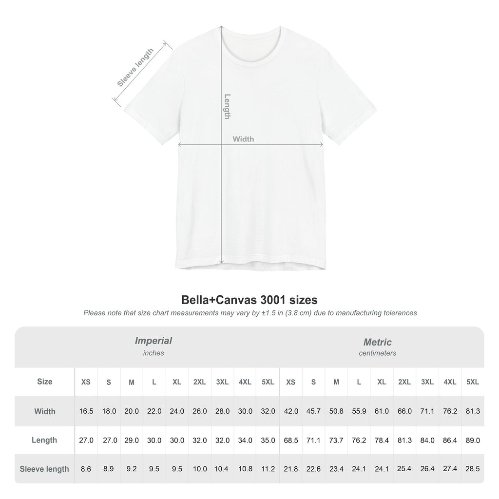 a white t-shirt with measurements and sizes listed below it.