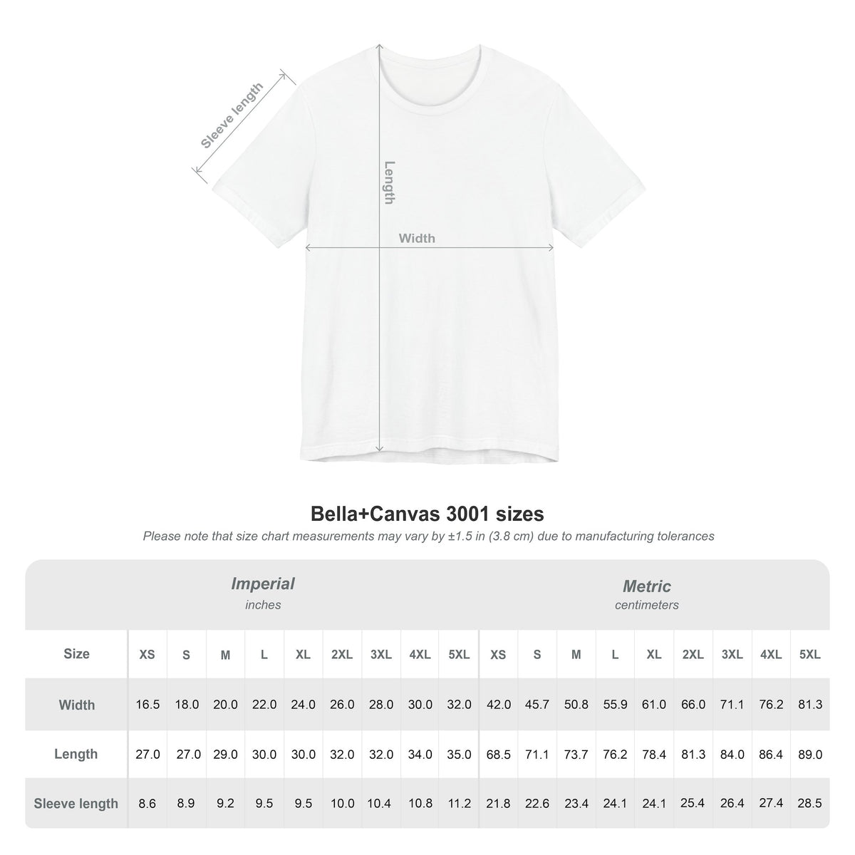 a white t-shirt with measurements and sizes listed below it.