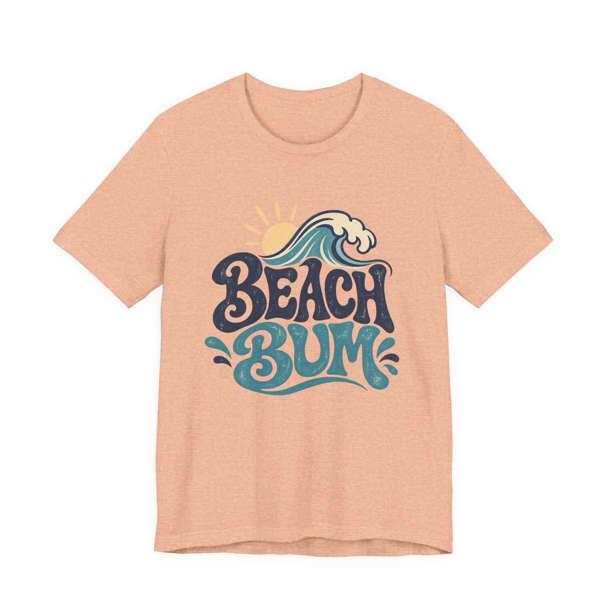 A peach-colored t-shirt with a graphic design featuring the text "BEACH BUM" and a wave-like illustration.