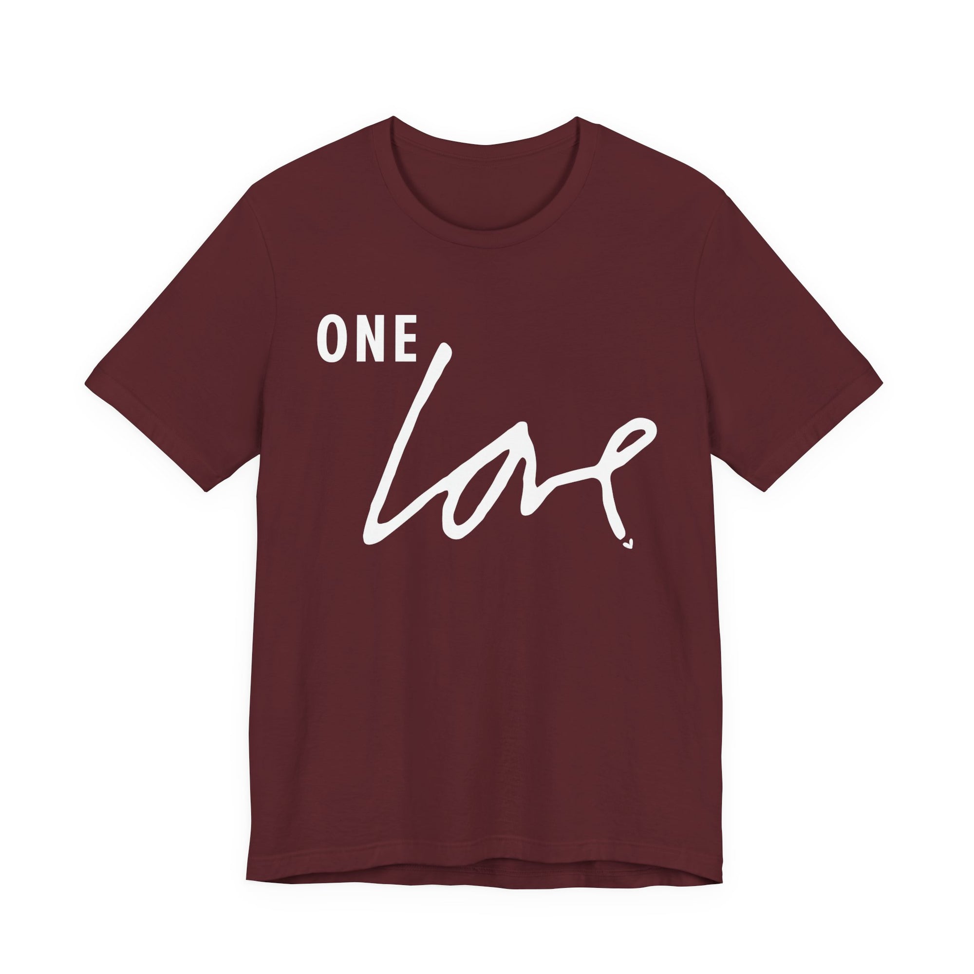 A burgundy-colored Maine Salty Girl t-shirt with the text "ONE LOVE" printed in white on it.