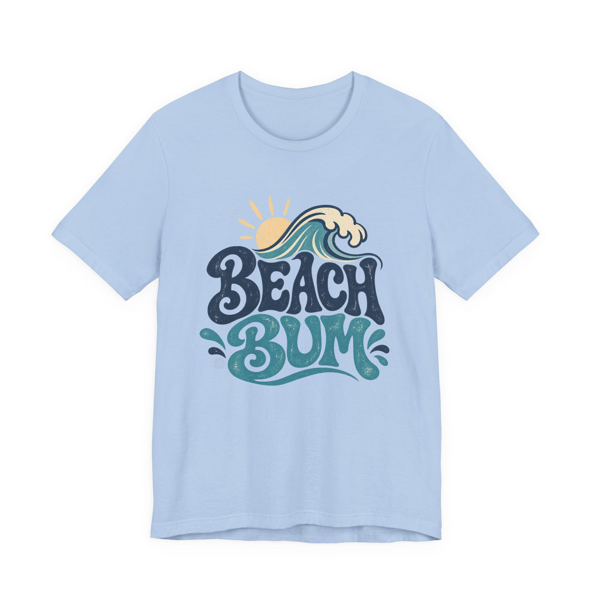 A light blue t-shirt with a graphic design featuring the text "BEACH BUM" and a sun-like symbol.