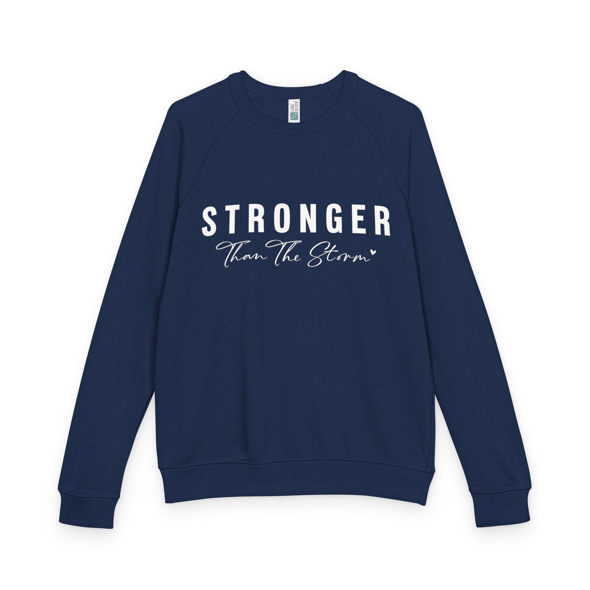 A navy blue Maine Salty Girl sweatshirt with the text "STRONGER Than The Storm" printed on it in white lettering.