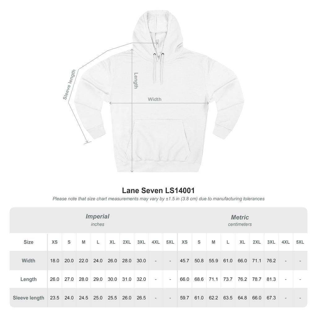 a white hoodie with measurements and a size chart, indicating the size chart measurements may vary by 1.5 to (8) cm in size.