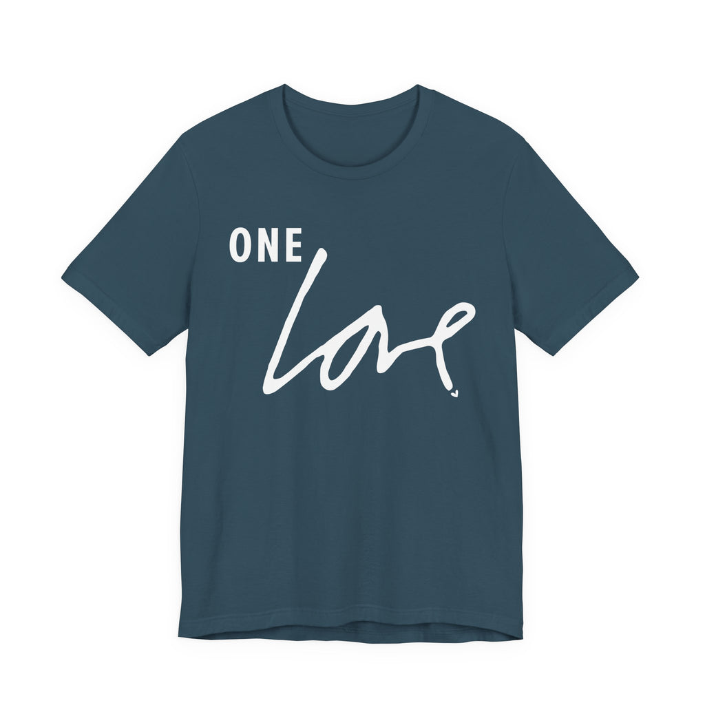 A dark blue Maine Salty Girl t-shirt with the text "ONE LOVE" printed in white on it.