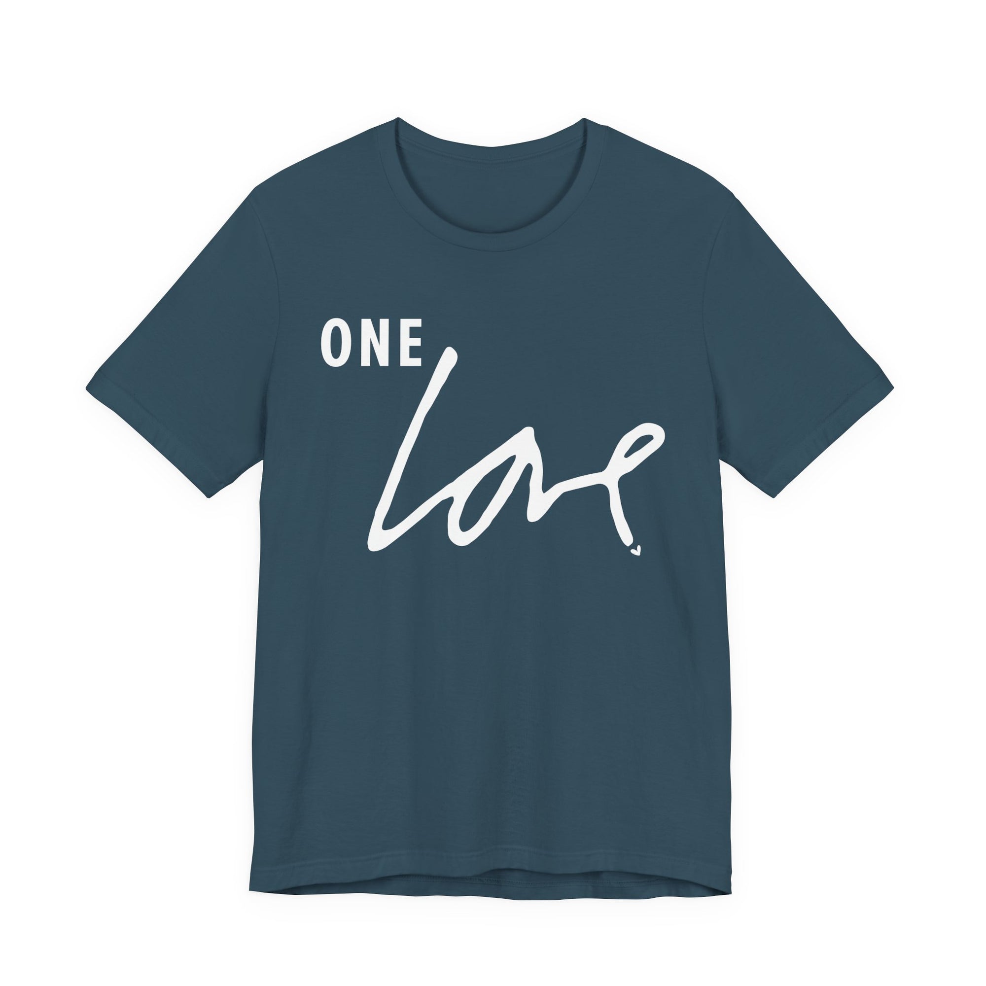 A dark blue Maine Salty Girl t-shirt with the text "ONE LOVE" printed in white on it.