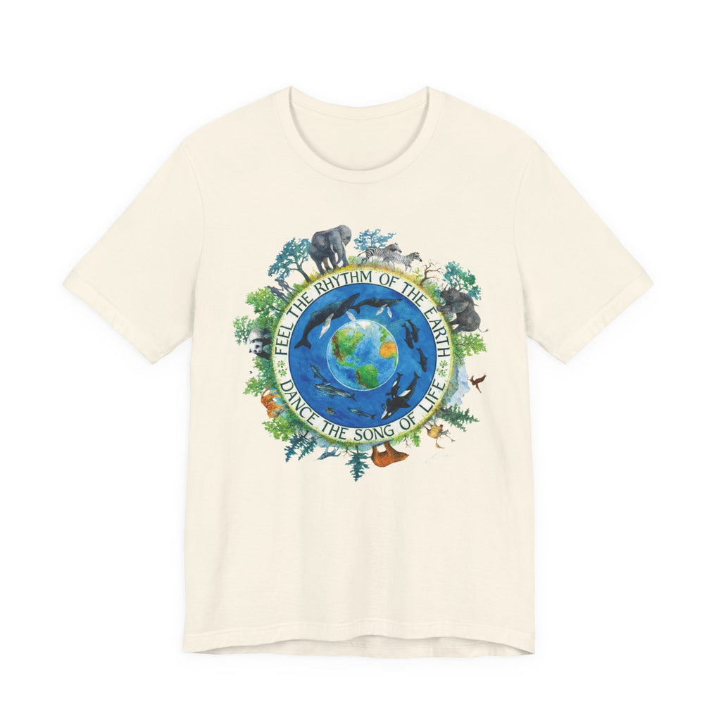 A white Maine Salty Girl t-shirt with a graphic design depicting a colorful illustration of the Earth surrounded by various animals and plants, along with the text "FEEL THE BODY OF THE EARTH DANCE THE SONG OF LIFE".