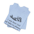 A light blue Maine Salty Girl t-shirt with a graphic of a mermaid and a quote "I was born lost and take no pleasure in being found"