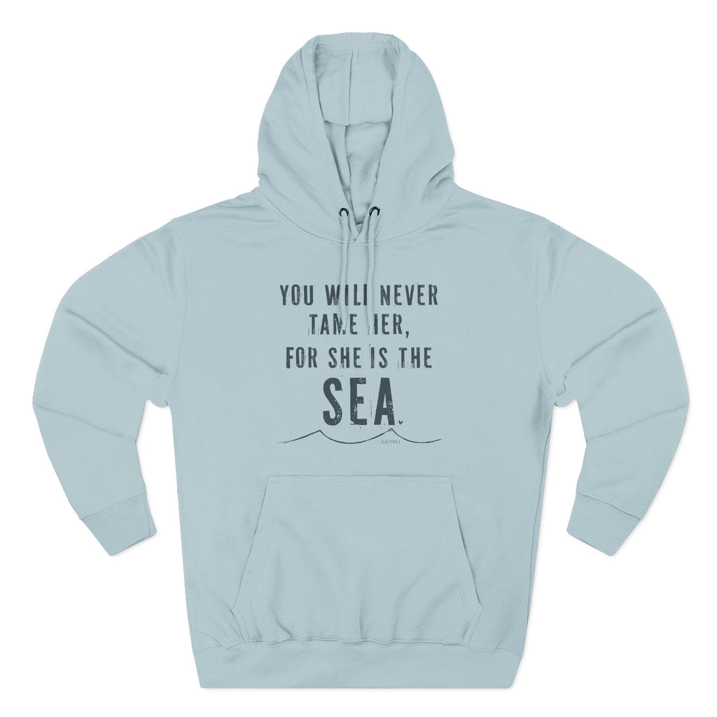 A light blue hoodie with a printed message on it.