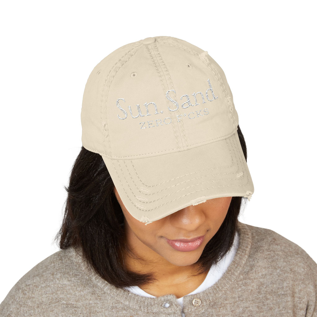 Embroidered 'Sun. Sand. Zero F*cks.' Distressed Dad Hat — Beachy Vintage Baseball Cap