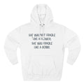 A white Maine Salty Girl hoodie with text printed on it.