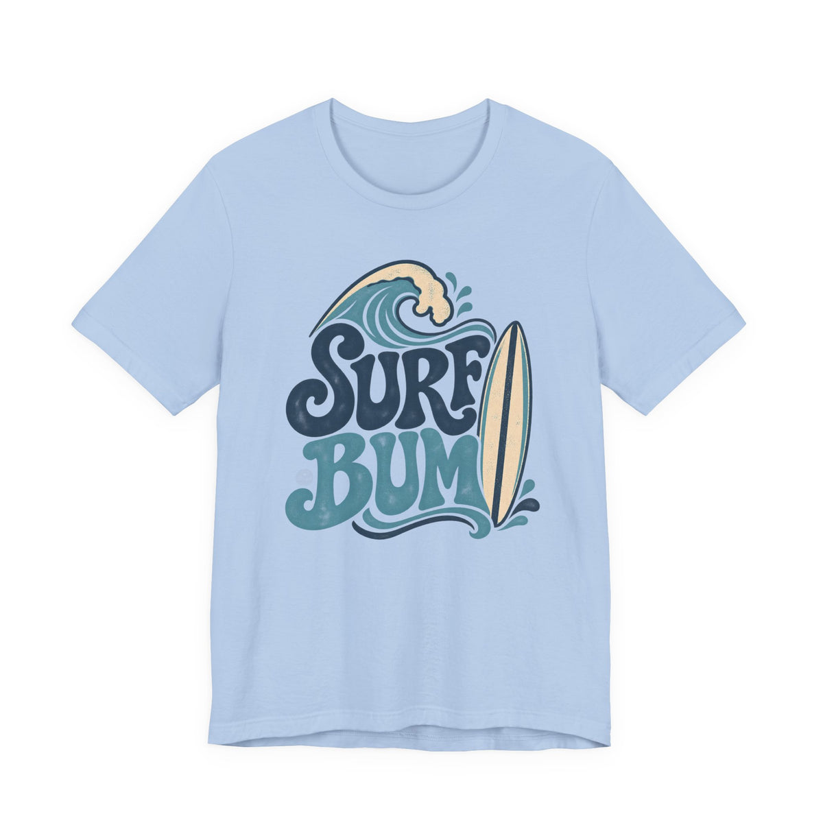 A light blue t-shirt with a graphic design featuring the text "Surf Bum" and a surfboard.