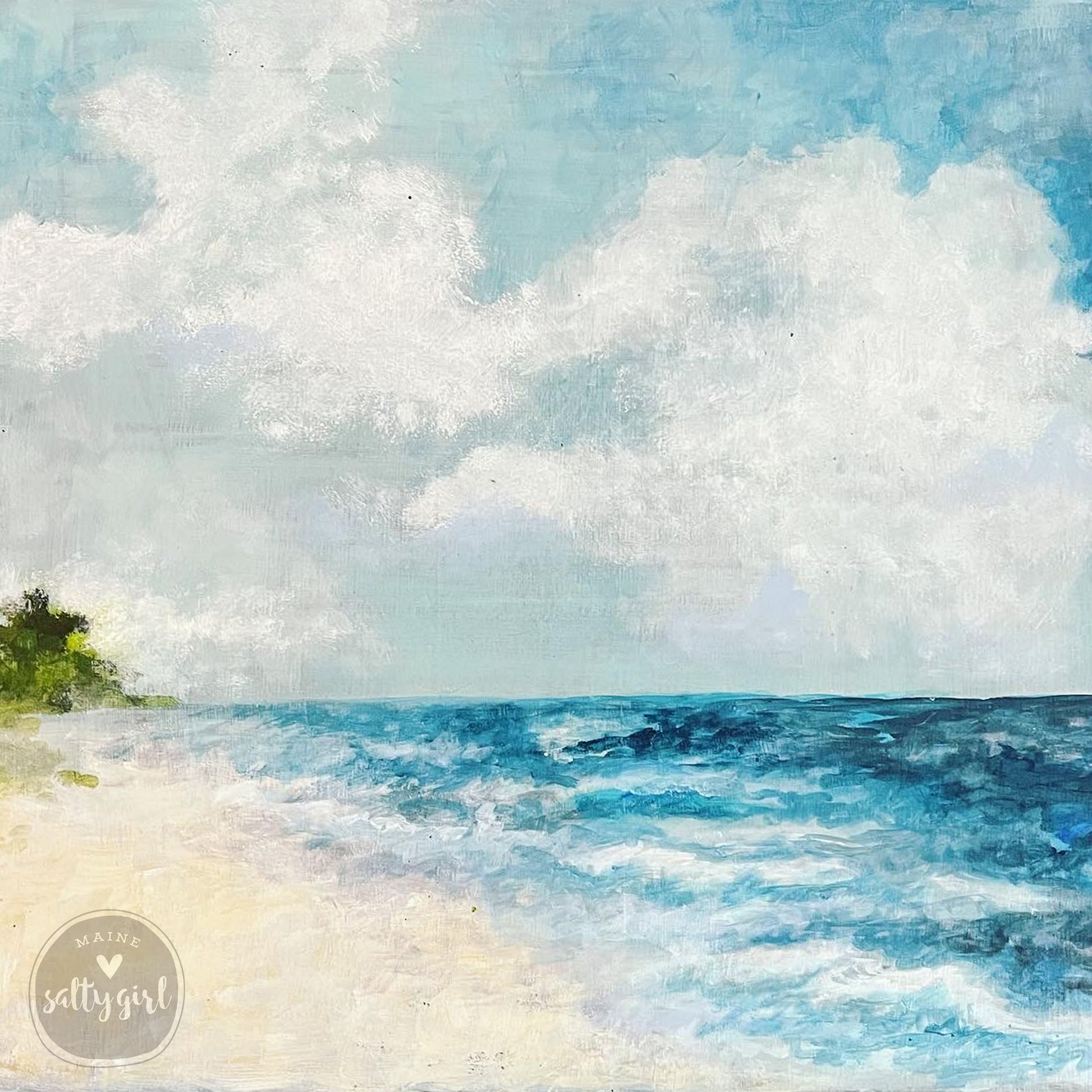 a serene beach scene with a vast expanse of blue ocean and white waves gently lapping against the shore. The sky above is filled with fluffy white clouds, creating a peaceful and tranquil atmosphere.