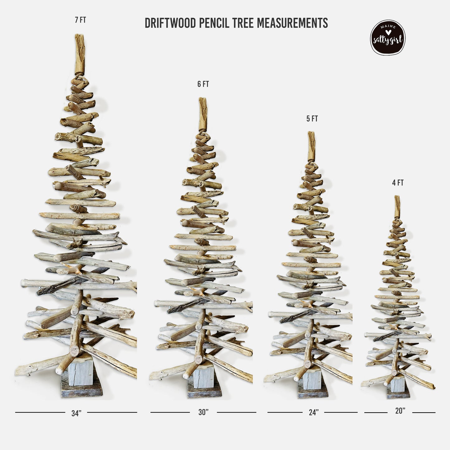 a collection of four different sizes of driftwood pencil tree decorations, each with varying heights and widths. The tallest tree is 7 feet tall, the medium-sized tree is 6 feet tall, the smallest tree is 4 feet tall, and the shortest tree is 5 feet tall. The decorations are arranged in a descending order from tallest to shortest, with each tree having a different height.